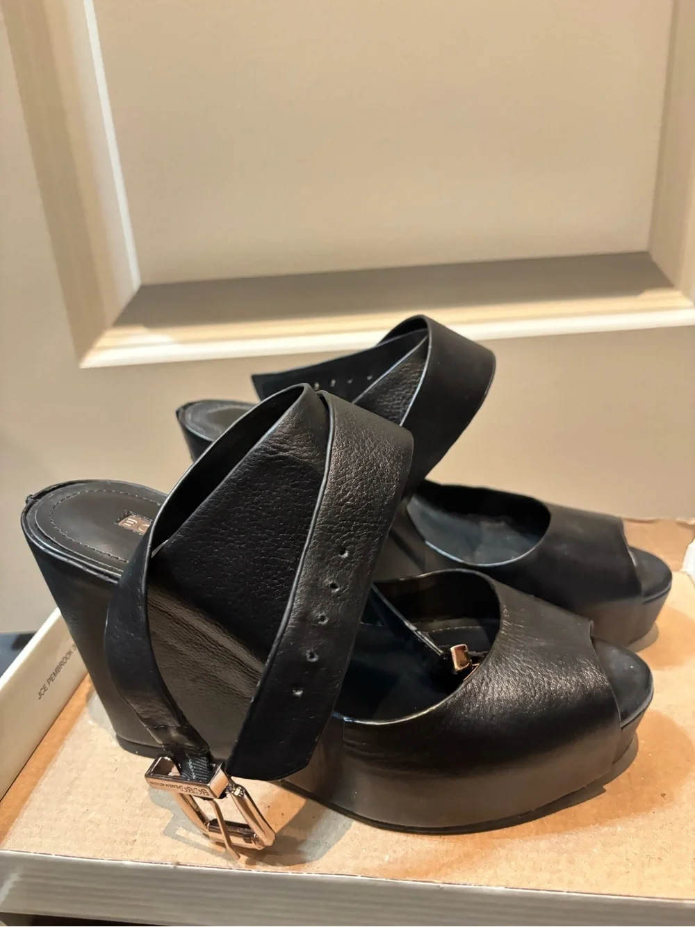 BCBGeneration Black Leather Platform Peep-Toe Sandals with Ankle Strap